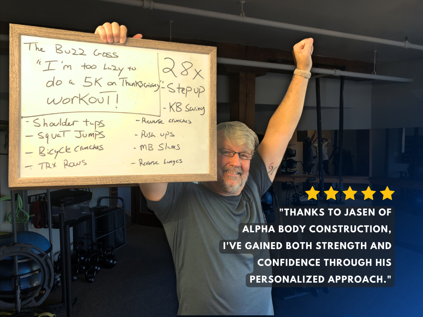 Older Knoxville man in a gym holding a white board with a google review of Jasen Bradley Personal Trainer