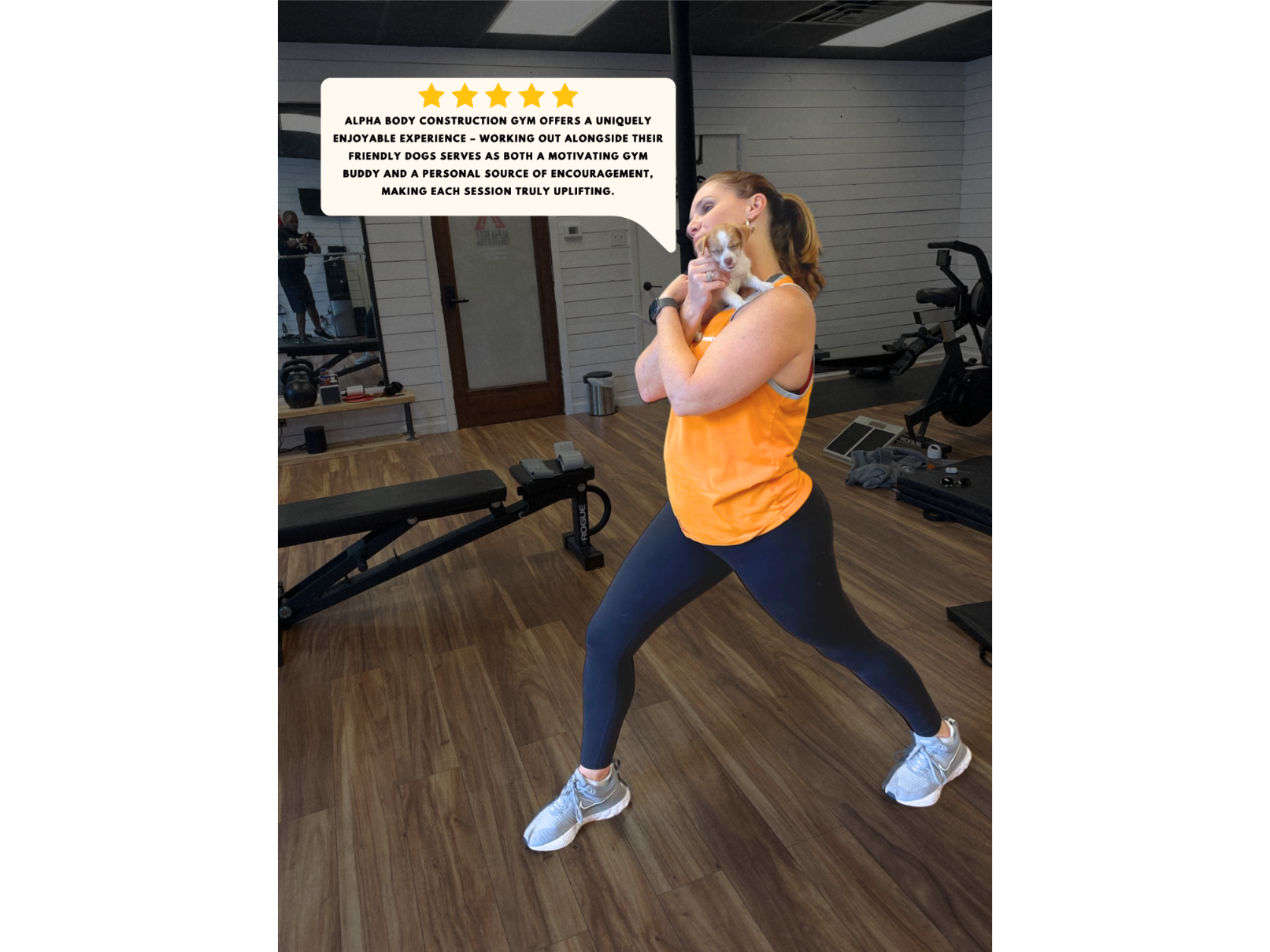Woman in gym working out and holding a dog with a google review of Jasen Bradley Personal Trainer